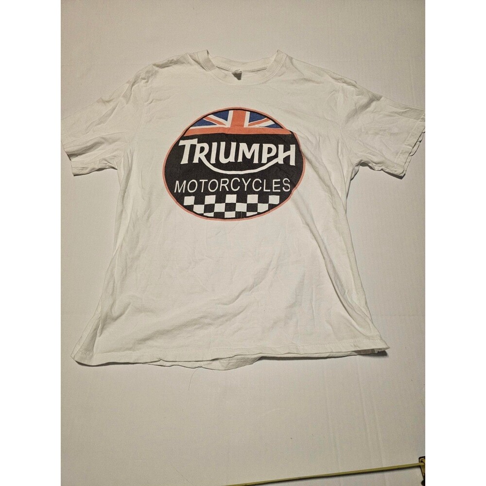 Triumph Motorcycles T Shirt Mens XL White Union Jack Checkered Flag Logo Tee